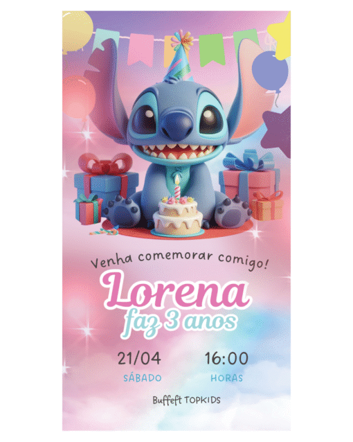 Apresentamos o Convite de Aniversário Stitch, totalmente editável no Canva,