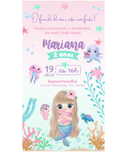 O convite sereia cute é perfeito para uma festa delicada, colorida e cheia de fantasia!