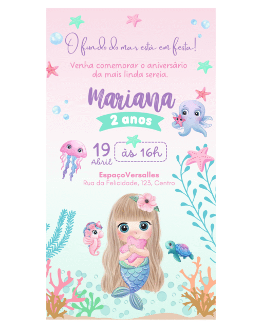O convite sereia cute é perfeito para uma festa delicada, colorida e cheia de fantasia!