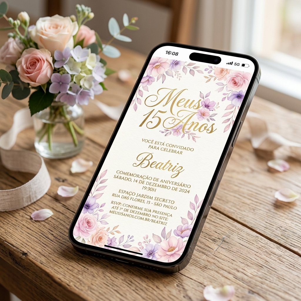 Convite digital de 15 anos estilo floral aquarela lilas e rosa em celular