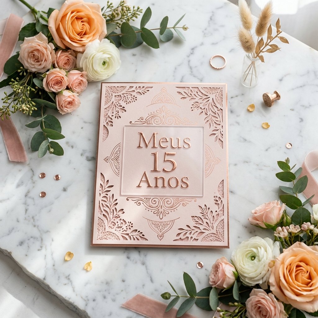 Convite de 15 anos fisico laser cut em rose gold sobre mesa de marmore com flores