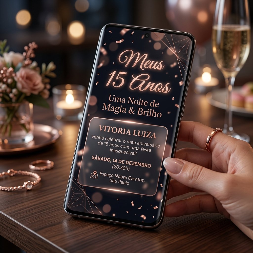 Convite de 15 anos dark mode rose gold interativo