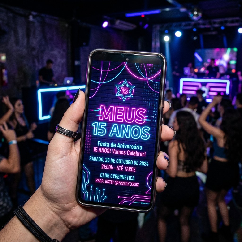 Convite de 15 anos tema neon cyberpunk balada