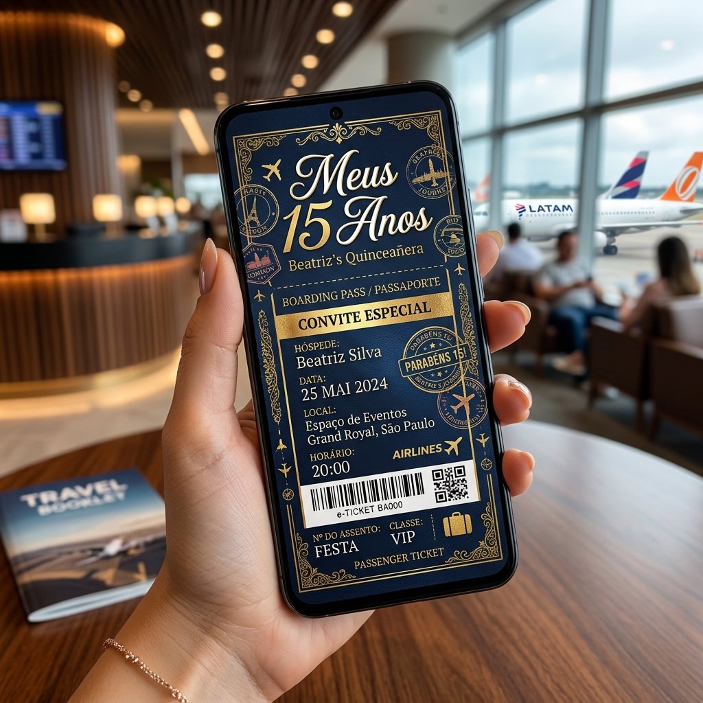 Convites de 15 anos tema passaporte e viagens digital
